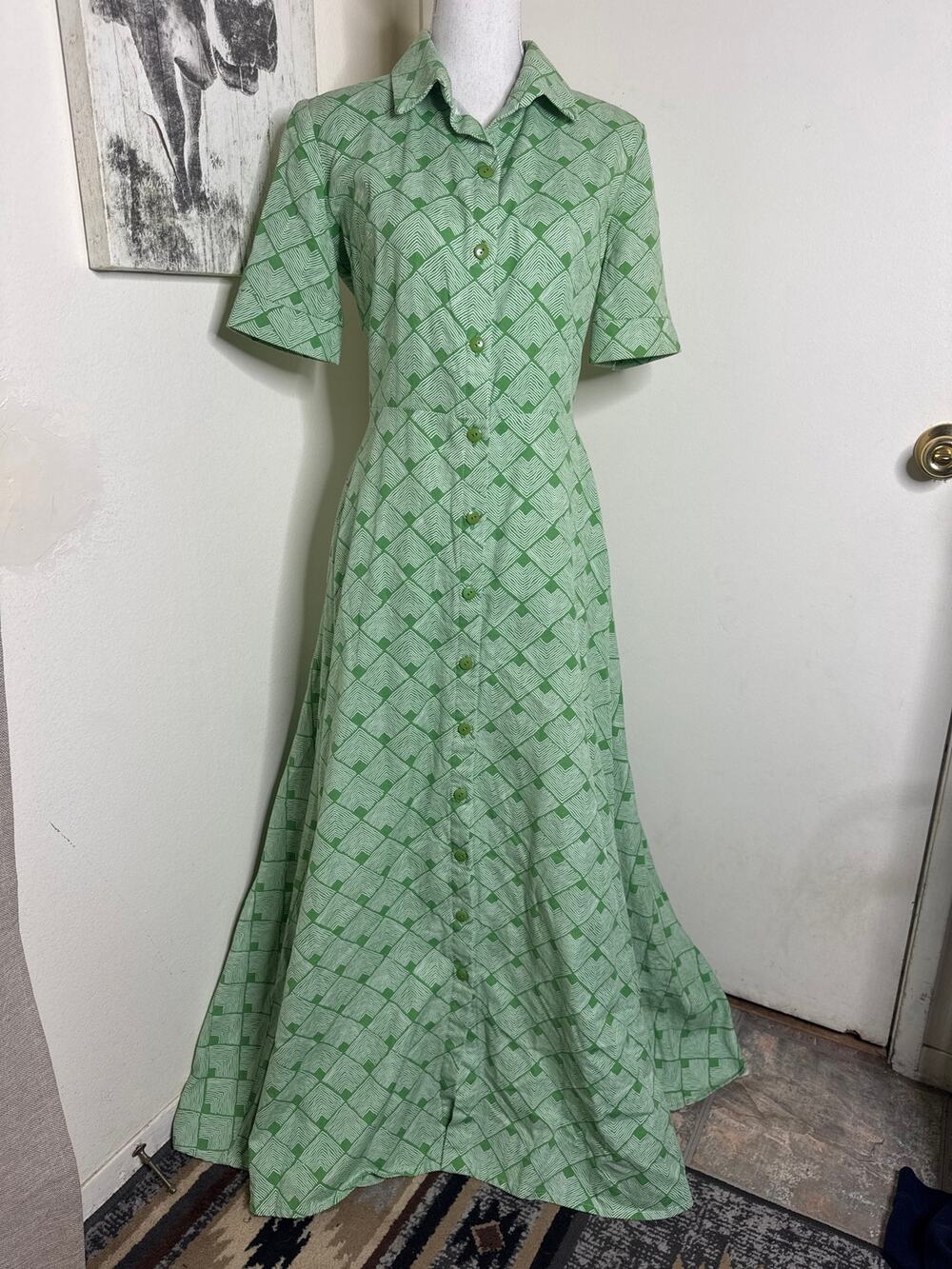 Vintage 60s 70s Green Geometric Shirt Dress Heavy Cotton Mod Diamond Pattern